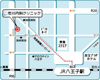 市川内科クリニック地図：当院はJR八王子駅より徒歩10分の場所にあります